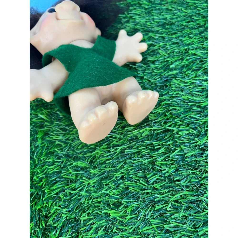 Vintage Thomas Dam Troll Doll Dark Brown Hair Green Felt Dress 3 Inch Figure